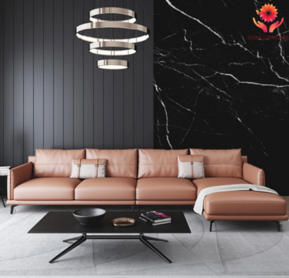 Ghế sofa da cao cấp màu cam đất sang trọng cho phòng khách hiện đại